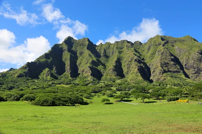 Lush green Koʻolau mountain range under a bright blue sky, with open grassy fields in the foreground.