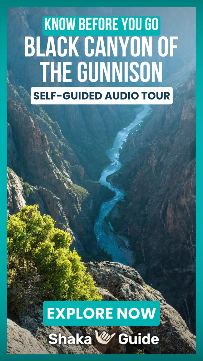 Promotional image for a self-guided audio tour at Black Canyon of the Gunnison, featuring a dramatic canyon view with a winding river below and bold text encouraging exploration.