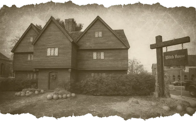 Vintage-style photo of a dark wooden colonial house with pumpkins in front and an old sign reading “Witch House.