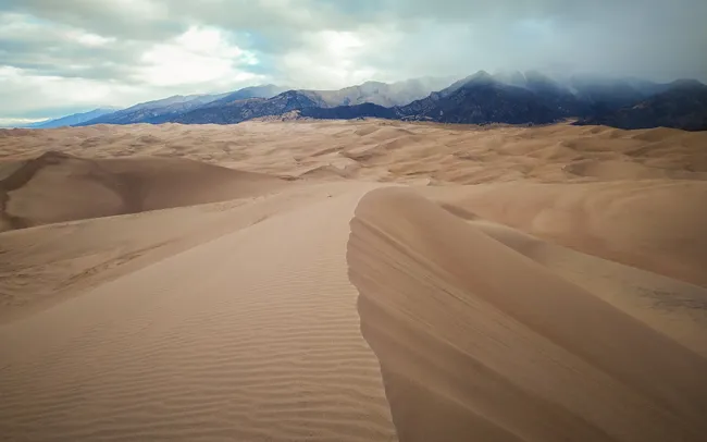 Sweeping view from the top of High Dune, overlooking vast sand dunes and distant mountains.