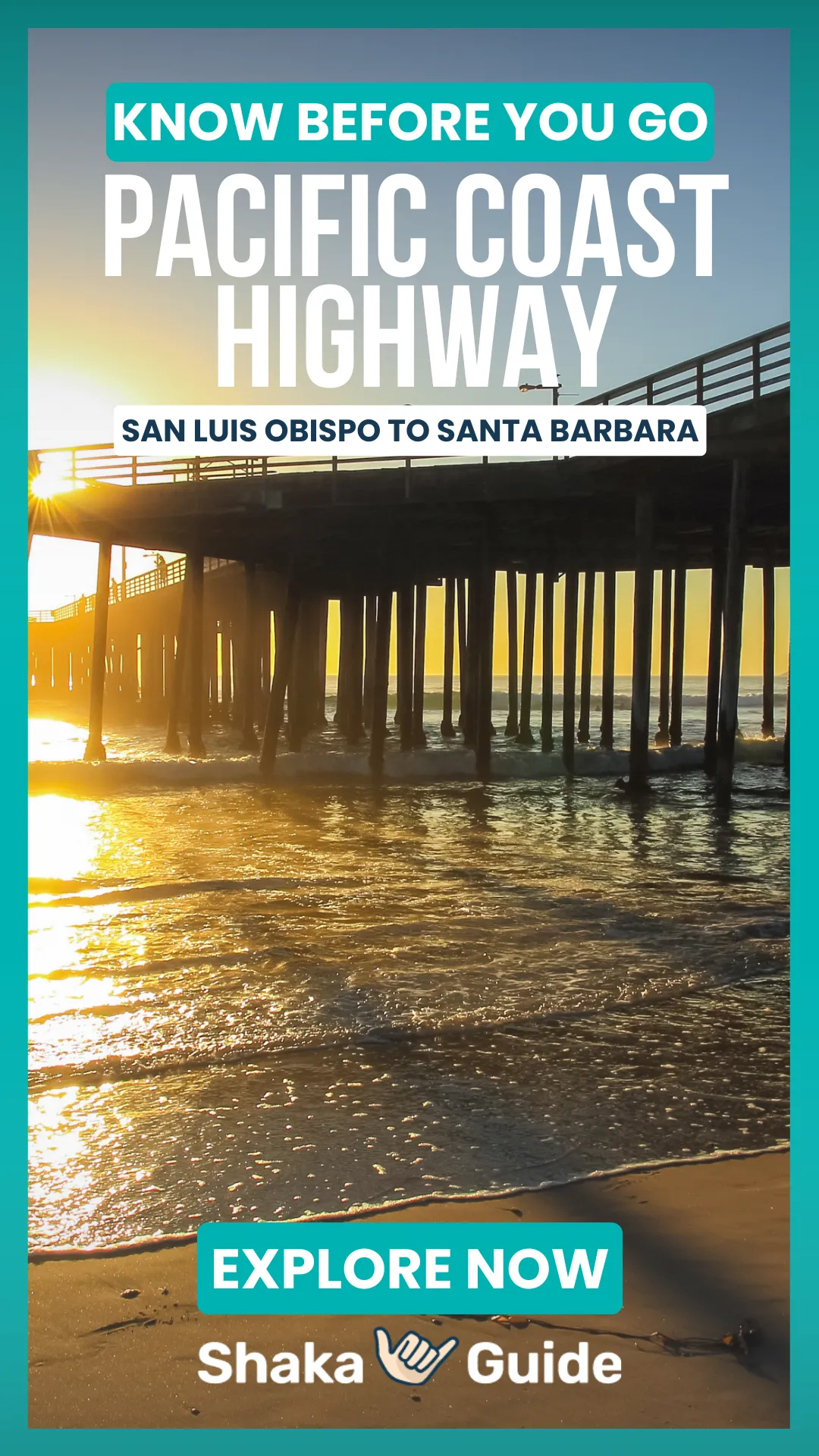 A vertical travel graphic featuring a stunning golden sunset under a long wooden pier. The sun glints off the wet sand and gentle ocean waves in the foreground, while the silhouette of the pier’s support pilings creates a rhythmic pattern across the horizon. Bold white and teal text at the top reads "KNOW BEFORE YOU GO - PACIFIC COAST HIGHWAY - PISMO BEACH, SLO AND WINE COUNTRY." At the bottom, an "EXPLORE NOW" button sits above the Shaka Guide logo.