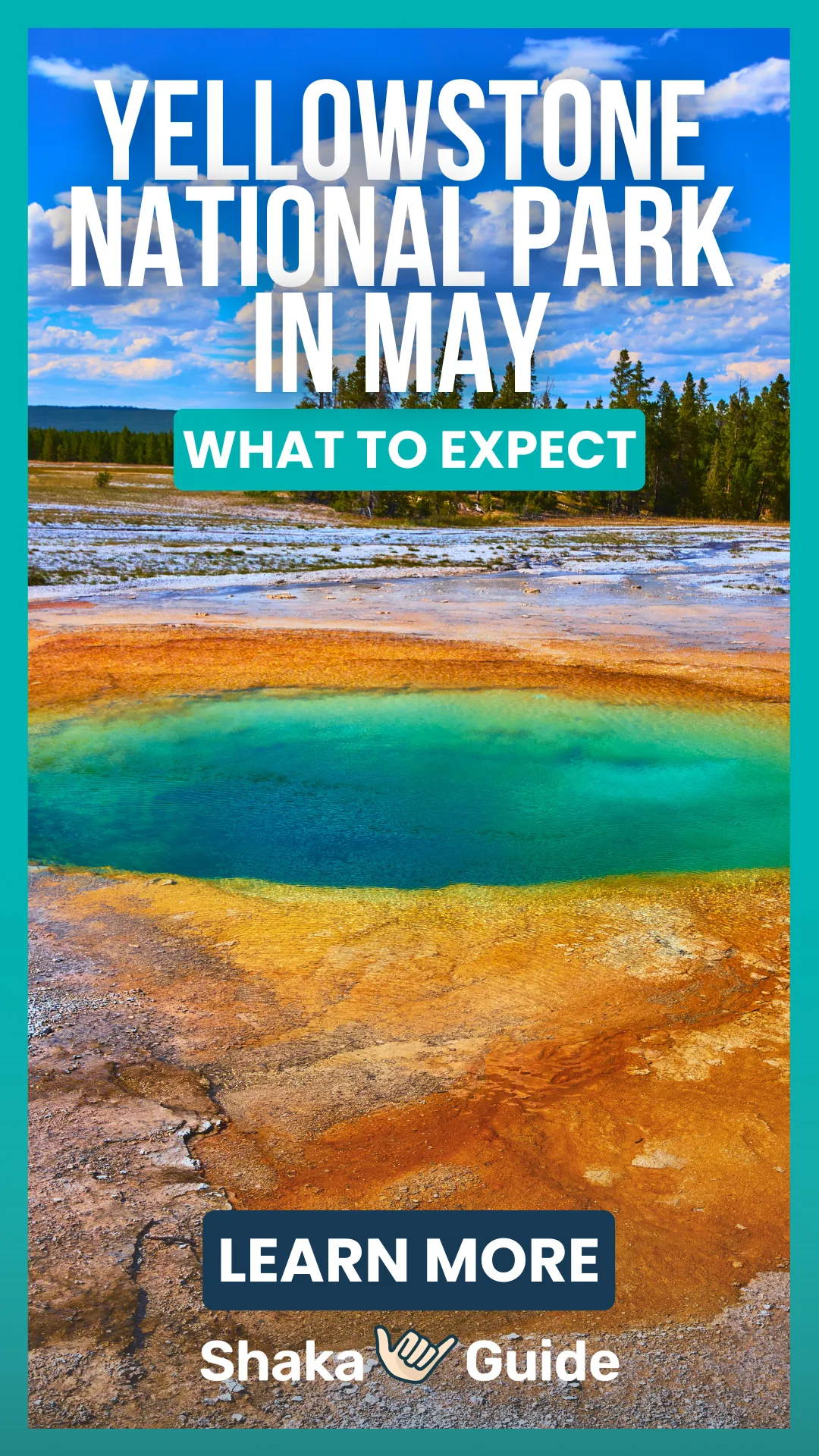 A bright turquoise hot spring surrounded by rusty orange and yellow mineral ground under a blue sky filled with scattered clouds.