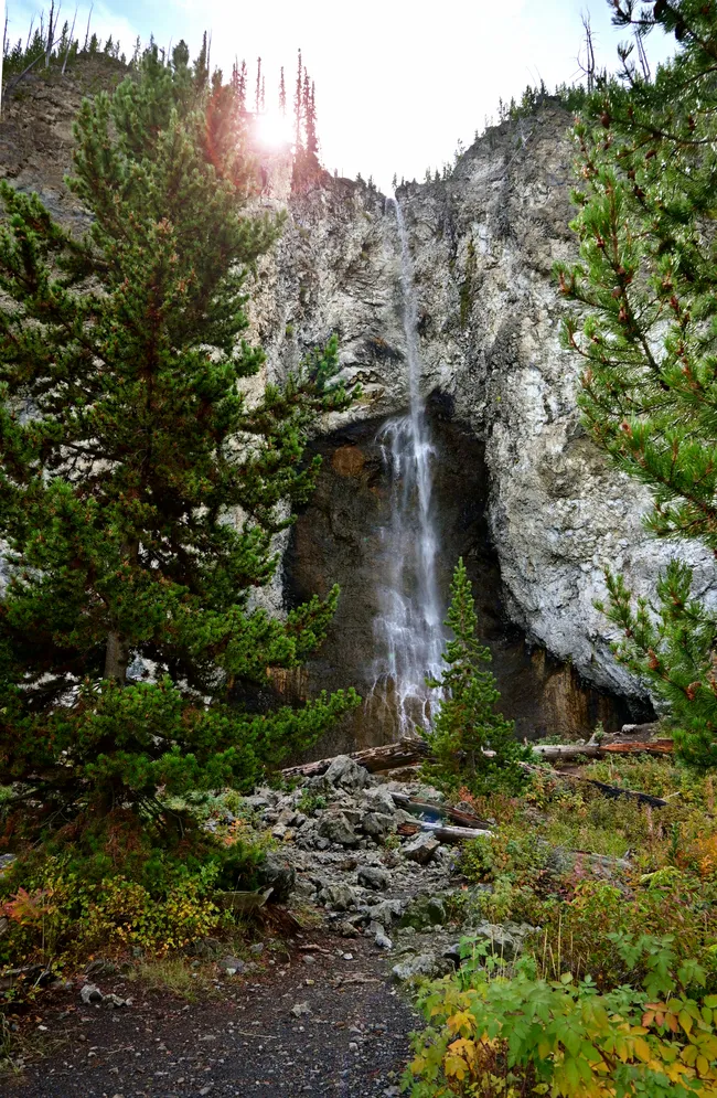 A vertical view of a high, slender waterfall cascading down a sheer, dark rock face into a rocky basin. In the foreground, dense green pine trees frame the scene, and scattered fallen logs lie across a dirt path. The sun peeks over the top of the cliff, creating a bright flare against the pale sky.