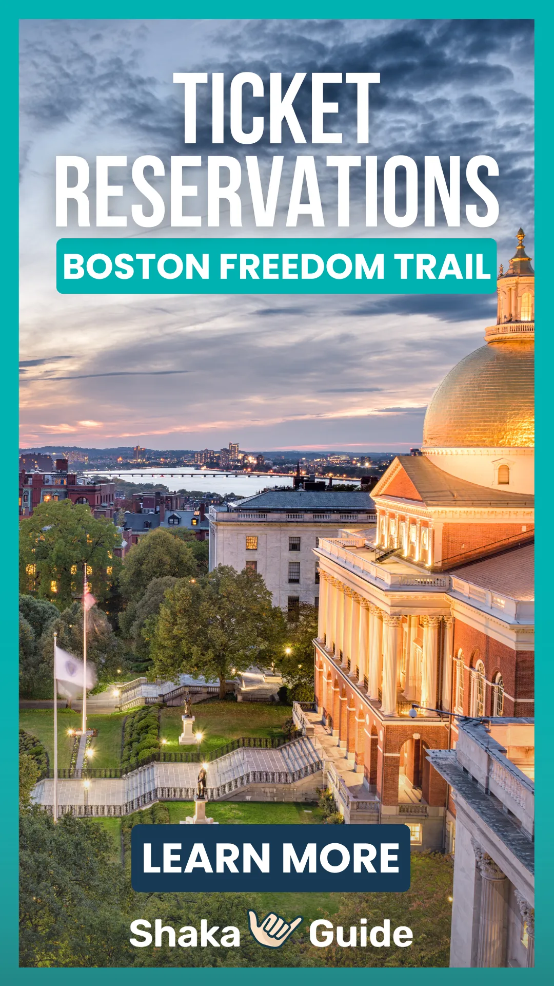 A promotional graphic for Shaka Guide’s Boston Freedom Trail tour featuring the Massachusetts State House at sunset.