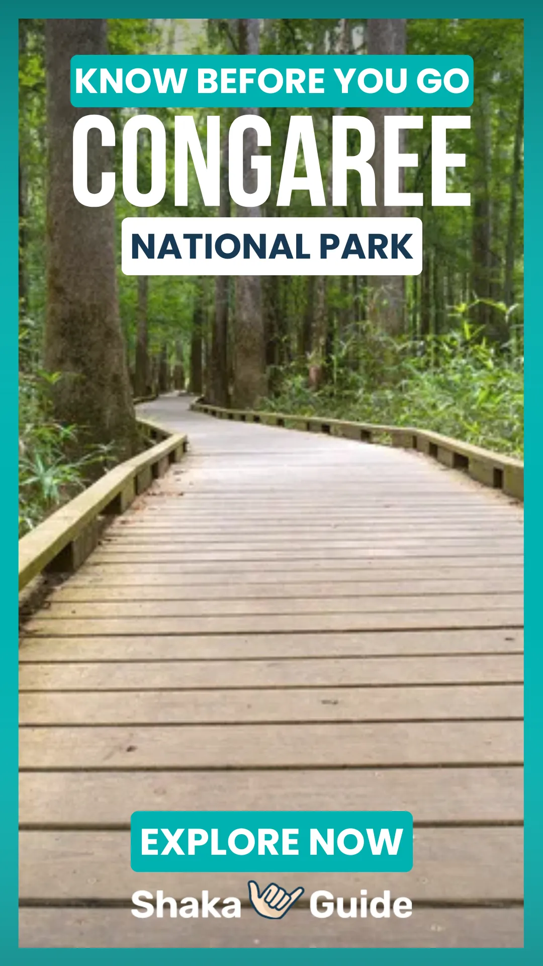 Wooden boardwalk curving through a lush green forest promoting Congaree National Park with Shaka Guide branding.