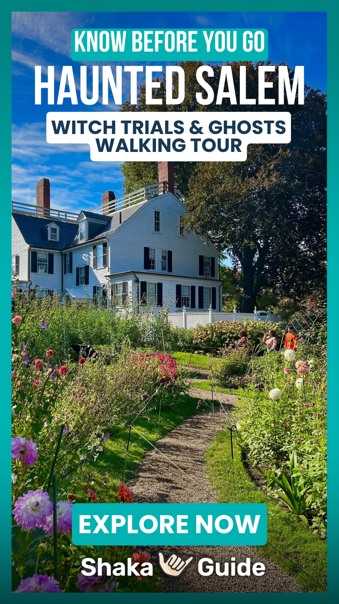 Promotional graphic for Shaka Guide’s Haunted Salem Walking Tour, with a path through a flower garden leading to a white historic house.