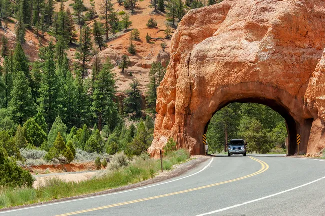 Car driving through a natural red-rock tunnel along a winding highway surrounded by pines and desert cliffs.