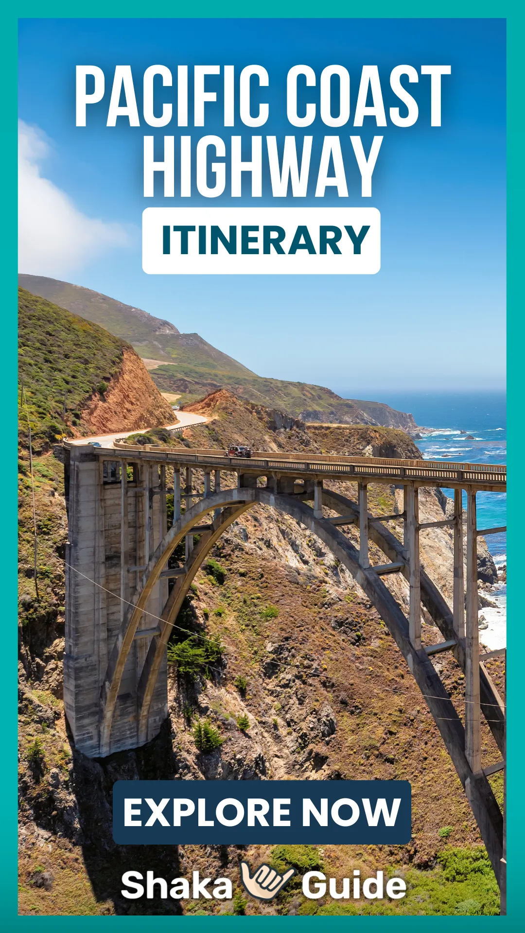 A vertical travel graphic featuring the iconic Bixby Creek Bridge in Big Sur. The high-angle shot shows the massive concrete arch bridge spanning a deep canyon above the bright blue Pacific Ocean. The highway curves along rugged, sun-drenched coastal cliffs. Bold white text at the top reads "PACIFIC COAST HIGHWAY ITINERARY," with an "EXPLORE NOW" button and the Shaka Guide logo at the bottom.