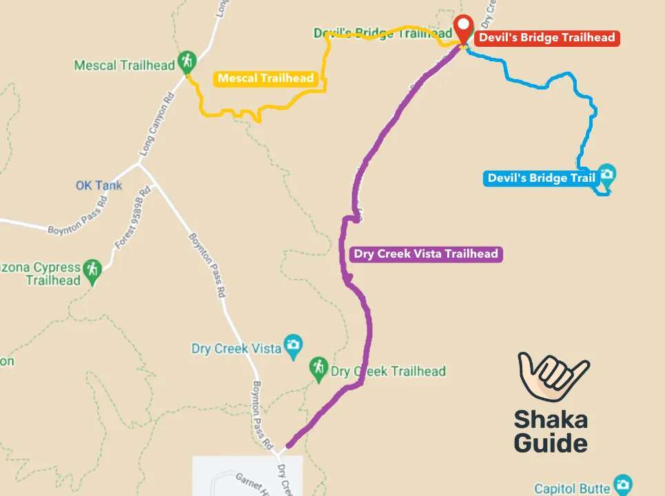 Illustrated map showing routes to Devil’s Bridge in Sedona, highlighting Mescal Trail, Dry Creek Vista Trail, and Devil’s Bridge Trail.
