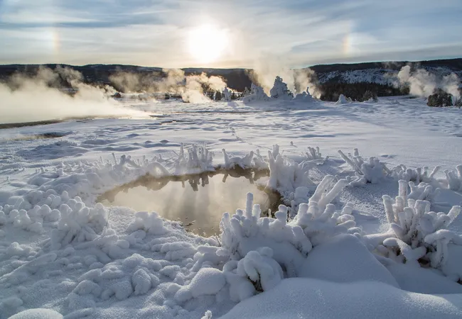 A small steaming pool sits in a snowy field surrounded by frost-covered formations, with soft sunlight and rising geothermal mist in the distance.