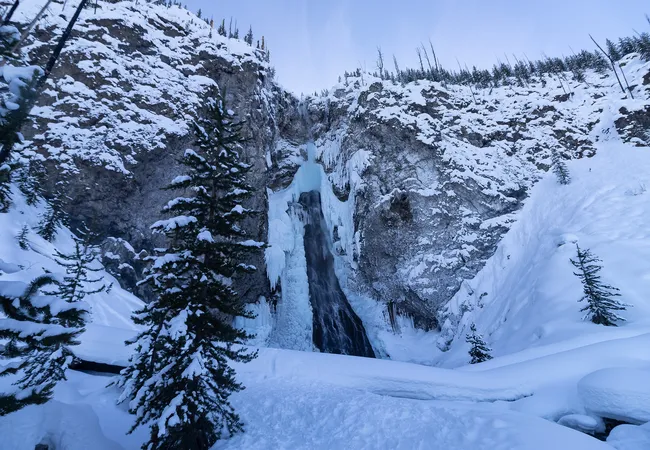 A frozen waterfall tucked between steep, snow-covered cliffs, with icy blue sheets of ice cascading downward and small pine trees scattered around the snowy basin below.