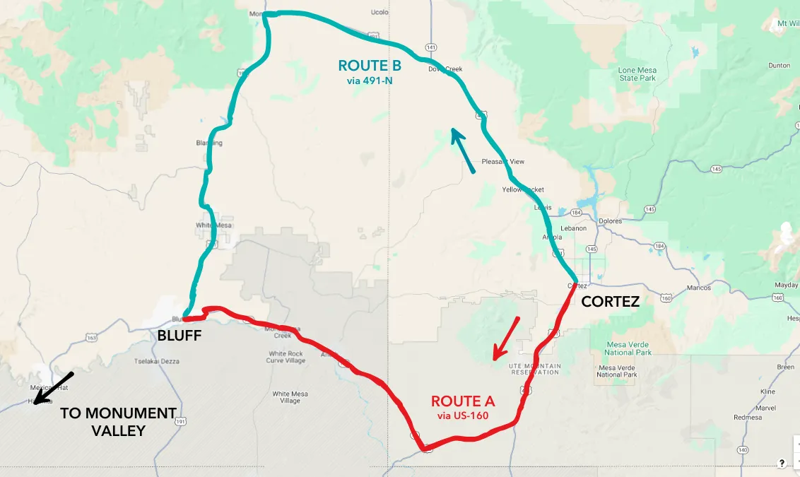 Map showing two routes from Cortez to Bluff, Utah—Route A via US-160 and Route B via 491-N—en route to Monument Valley.