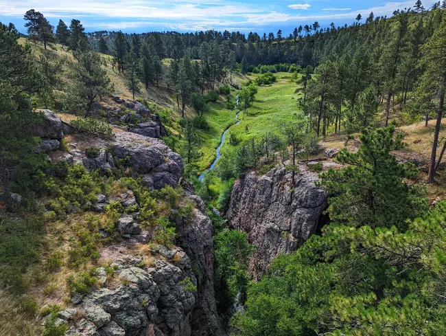Scenic view of a narrow rocky canyon with a small stream running through lush green meadows and pine trees.