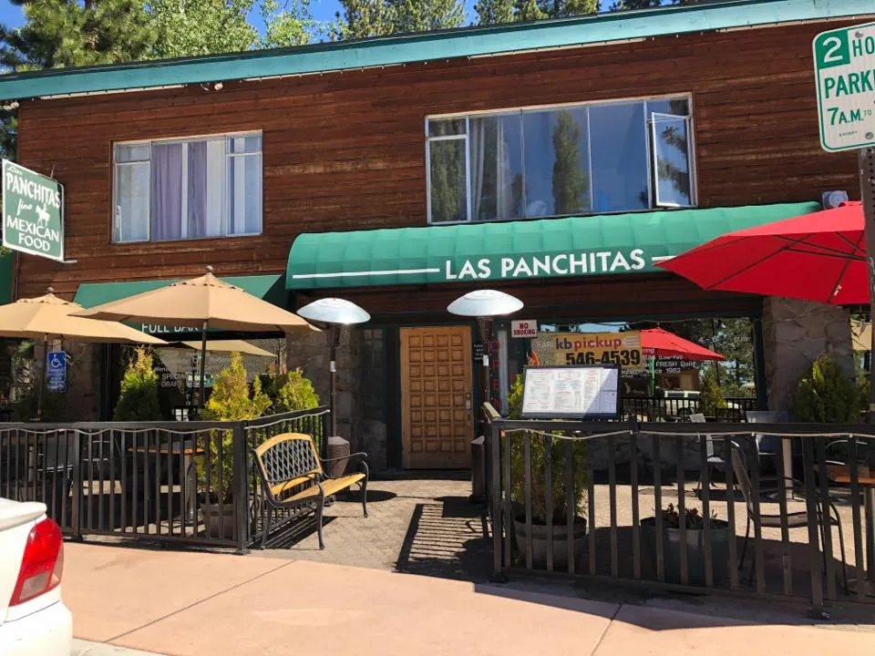 Exterior view of Las Panchitas, a Mexican restaurant in Kings Beach with outdoor seating and a vibrant atmosphere.