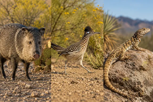 A landscape-format wildlife collage featuring three desert animals displayed in side-by-side vertical panels. On the left, a javelina stands on a rocky desert floor near prickly pear cactus, its coarse gray-and-black fur highlighted by warm sunlight. In the center, a roadrunner strides across a sandy trail, surrounded by desert shrubs and yellow wildflowers. On the right, a patterned desert lizard rests on a large sunlit rock, with blurred mountains and desert vegetation in the background. The image captures the diversity of desert wildlife in a bright, natural setting.