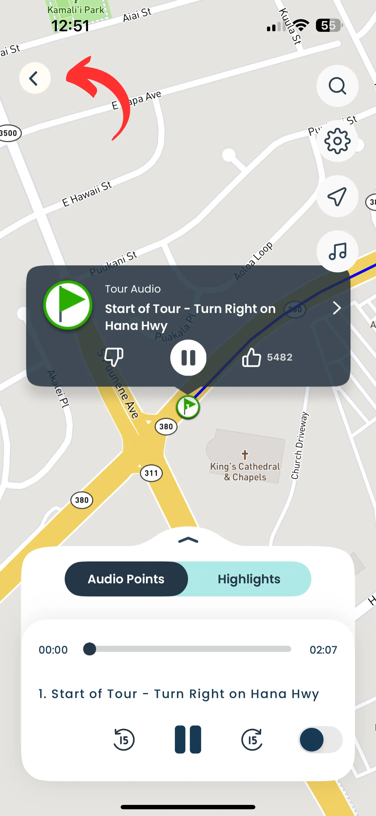Mobile app navigation screen showing a map, audio tour card, and controls for a Shaka Guide driving tour.