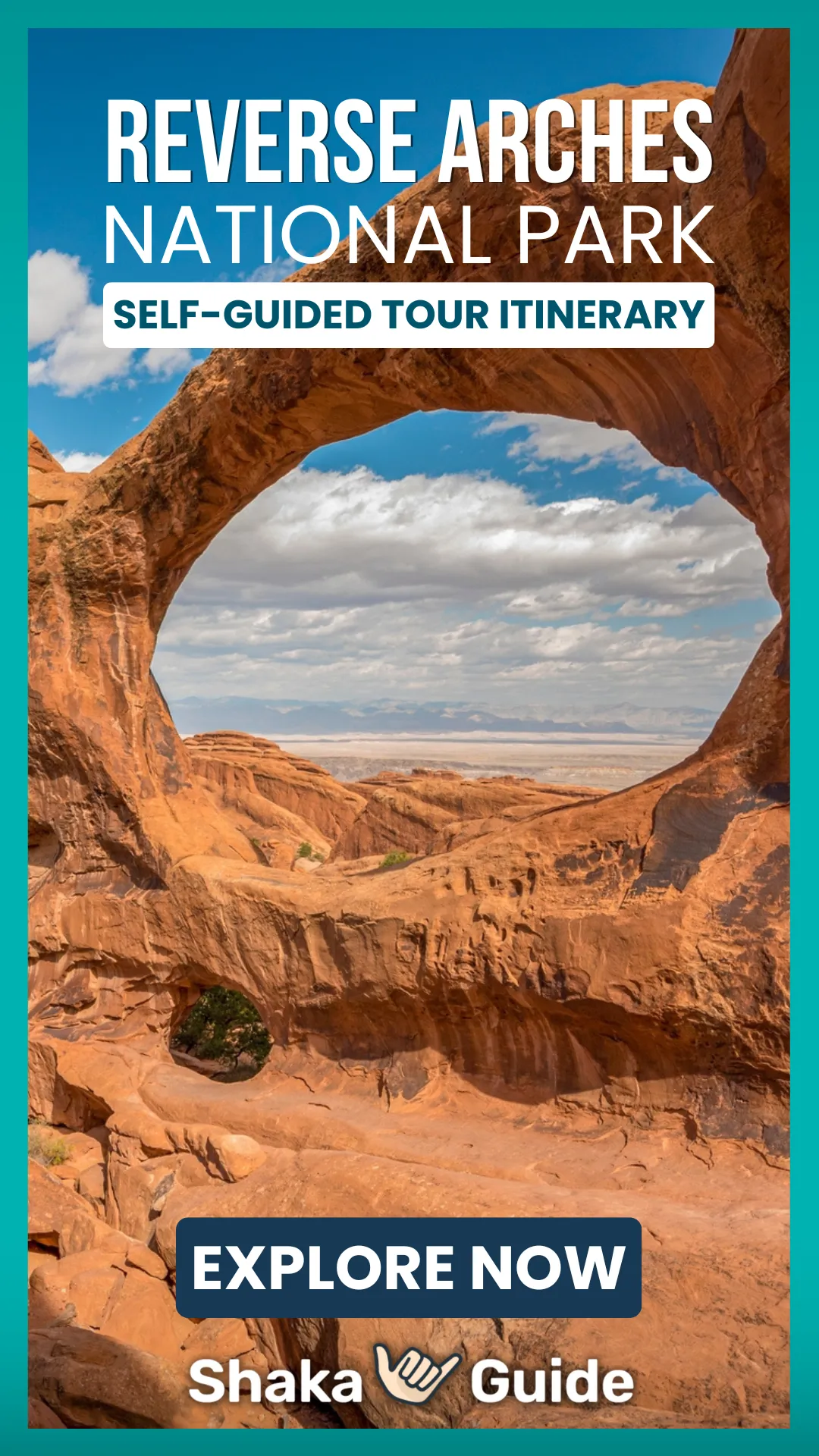 Rock arch formation in Arches National Park with tour itinerary promo from Shaka Guide