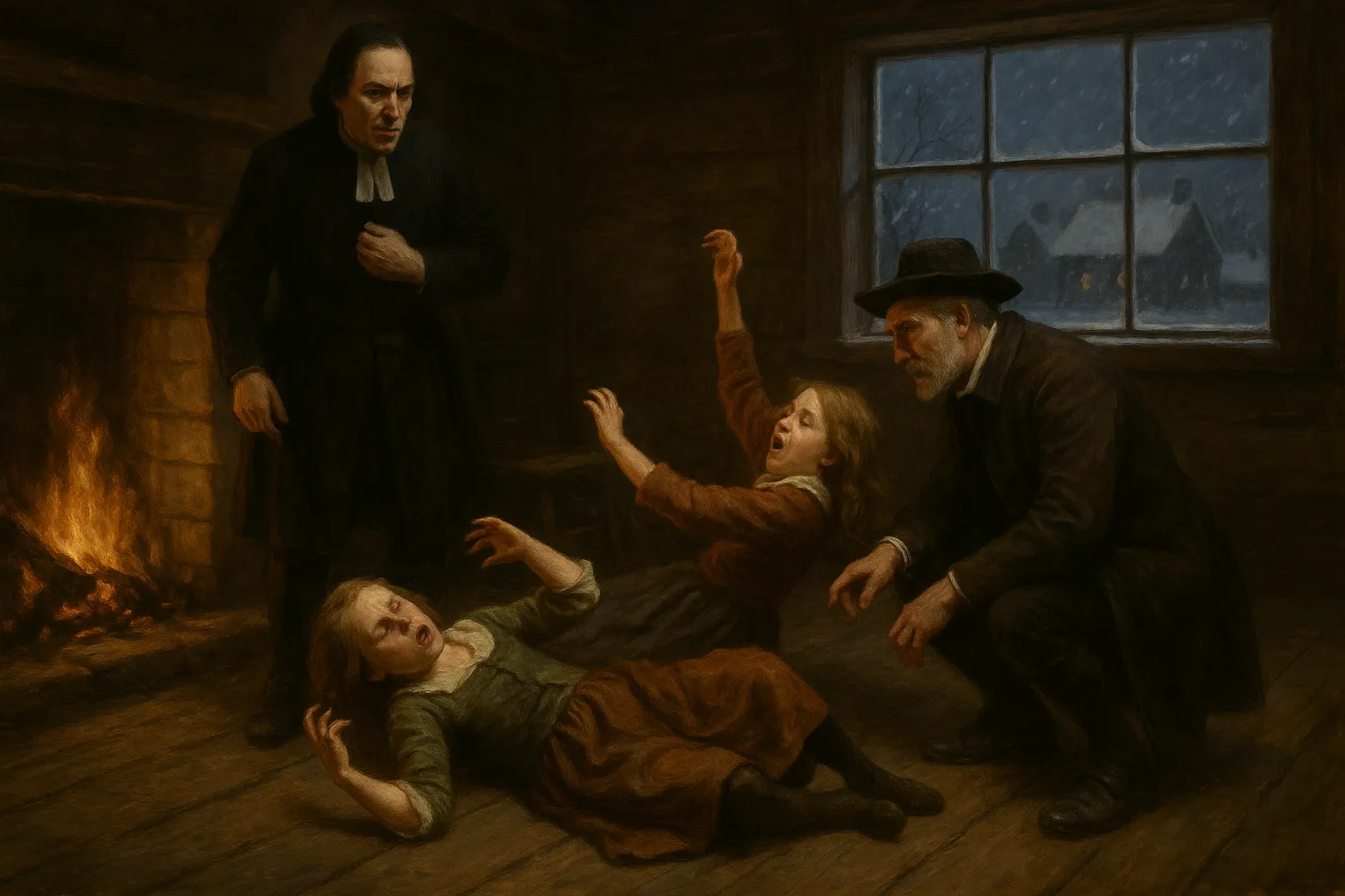 Painting-style scene of the Salem witch trials showing two young girls convulsing on a wooden floor, with two men—one in a black preacher’s robe and the other in colonial attire—watching in concern. A fire glows in the hearth while snow falls outside a small-paned window.