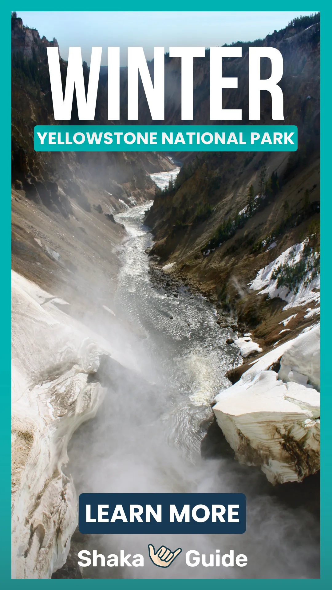 A deep canyon filled with mist and a rushing river winds between steep, snow-covered cliffs on a clear winter day.