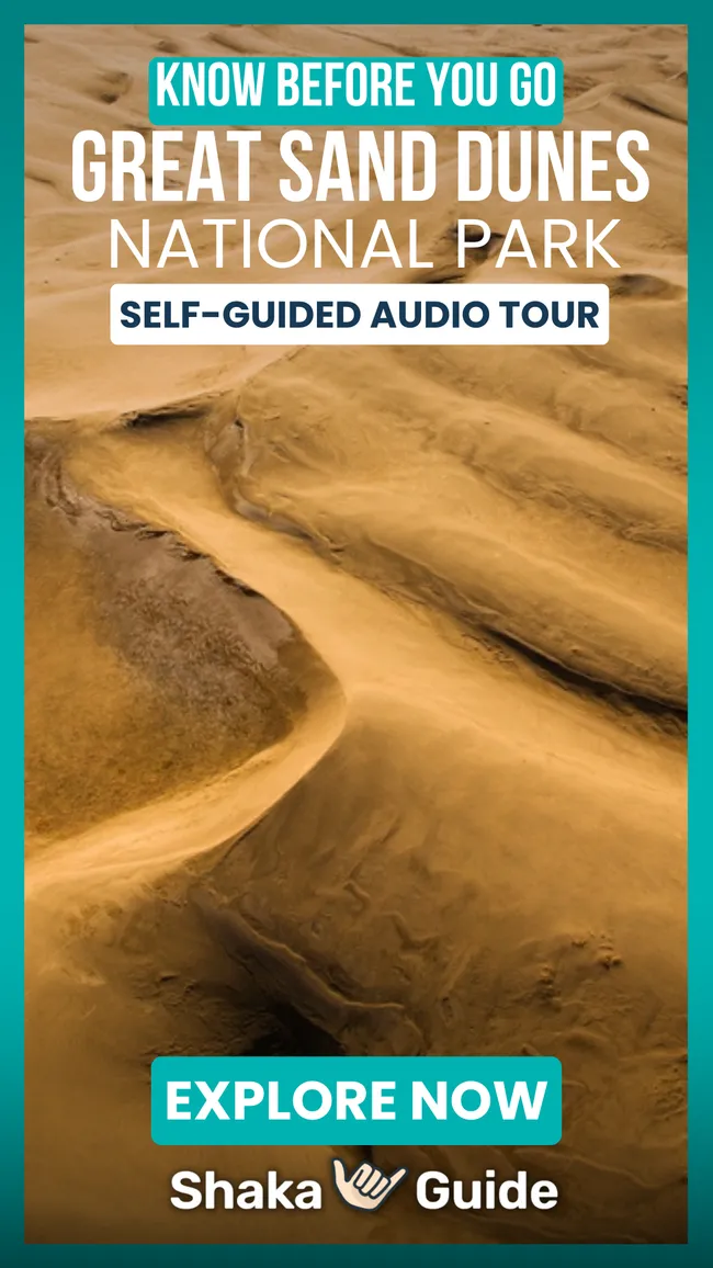 Promotional image for a self-guided audio tour at Great Sand Dunes National Park, showcasing sweeping golden dunes with bold text inviting viewers to explore.
