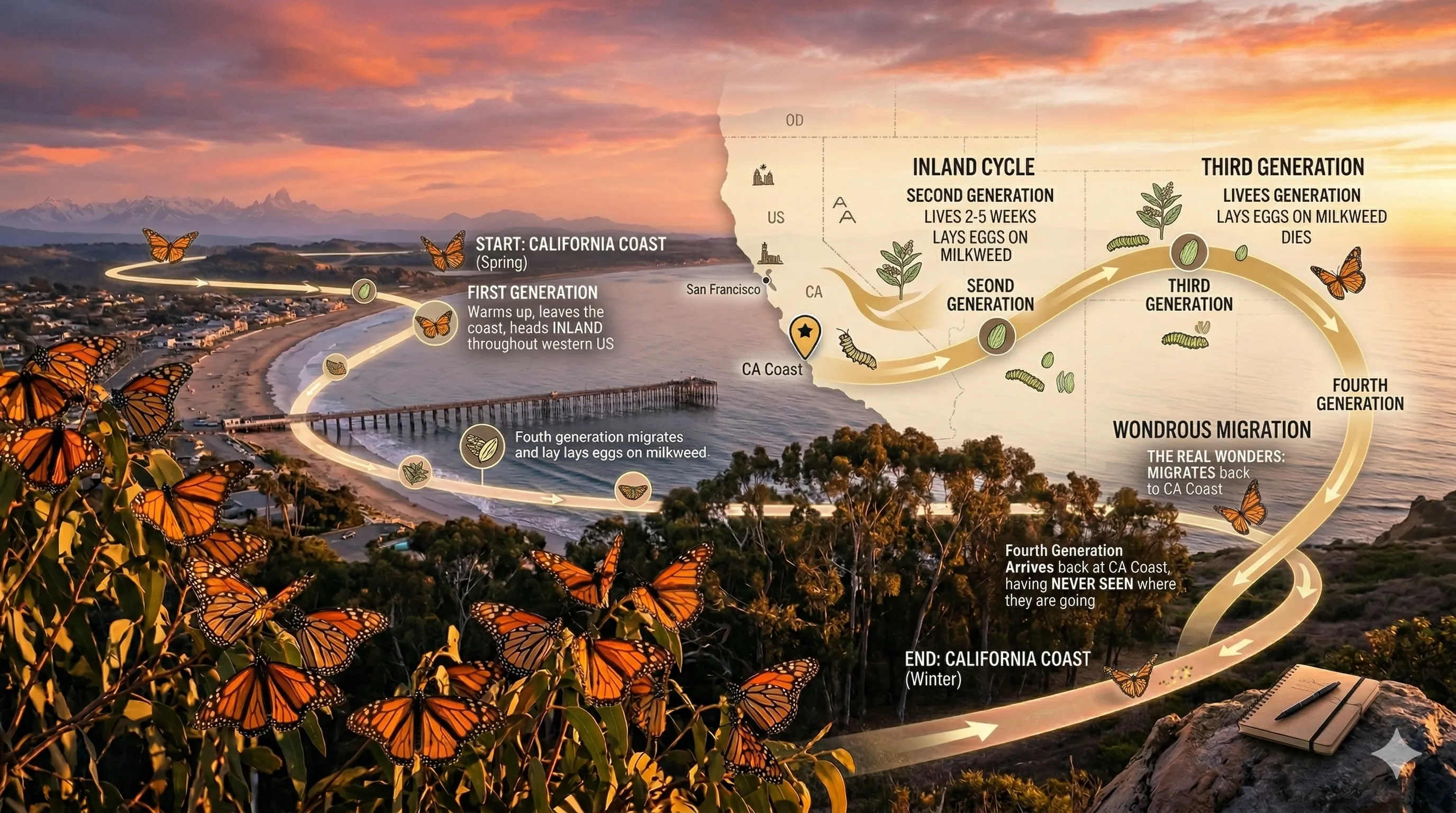 A detailed split-screen infographic titled "WONDROUS MIGRATION." The left side shows a sunset view of the Pismo Beach coastline with monarch butterflies in the foreground and a winding golden path along the shore. The right side features a scientific diagram labeled "INLAND CYCLE," tracing the four-generation life cycle. It includes illustrations of milkweed, caterpillars, and chrysalises, with text describing how the first three generations live 2–5 weeks while the "Super Generation" (fourth) lives up to 9 months and navigates back to the California coast despite having never seen it.