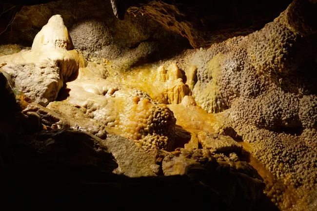 Close-up view of textured rock formations inside a dimly lit cave with golden and brown mineral deposits.