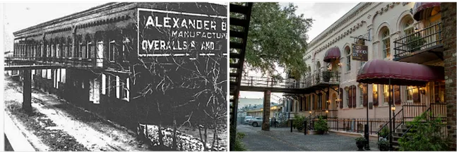Historic image comparison of the Olde Harbor Inn showcasing its past and present architecture.
