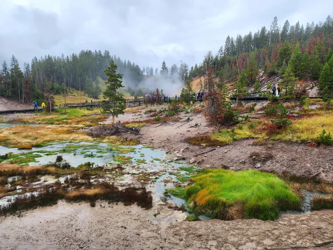 Visitors walk along boardwalks near Yellowstone’s Mud Volcano area, where steaming geothermal vents, colorful mineral pools, and forested hills create a dramatic landscape.