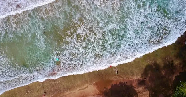 People swimming beneath a small tropical waterfall inside a lush, green jungle grotto.  Waves roll onto a sandy beach as seen from above, with foamy surf meeting the shoreline and small figures near the water’s edge.