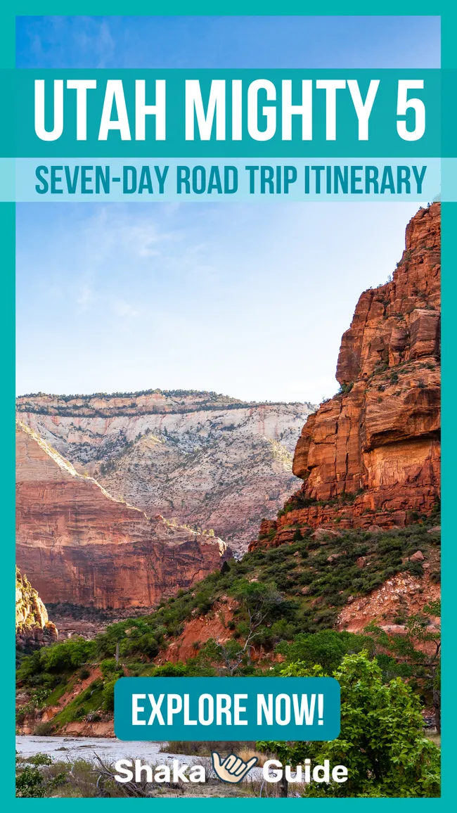 A scenic view of Utah’s red rock cliffs and green valley framed within a promotional graphic for a seven-day Mighty 5 road trip itinerary.