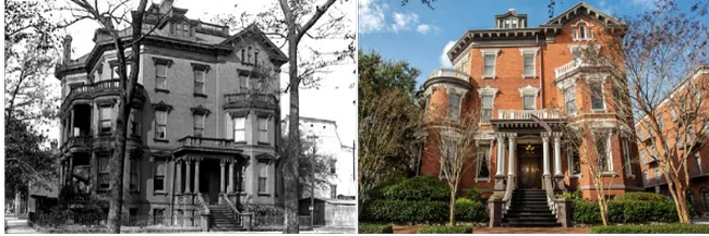 Historic Kehoe House in Savannah, showcasing the building's architecture in a side-by-side comparison of its past and present appearances.