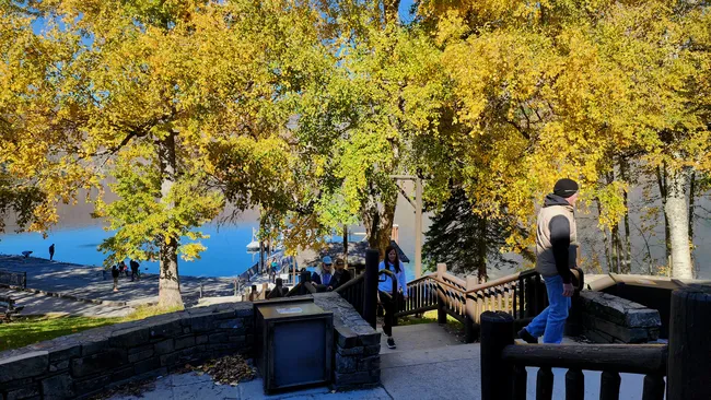 Visitors walk down a stone and wooden staircase surrounded by golden fall foliage near a calm lakeshore.