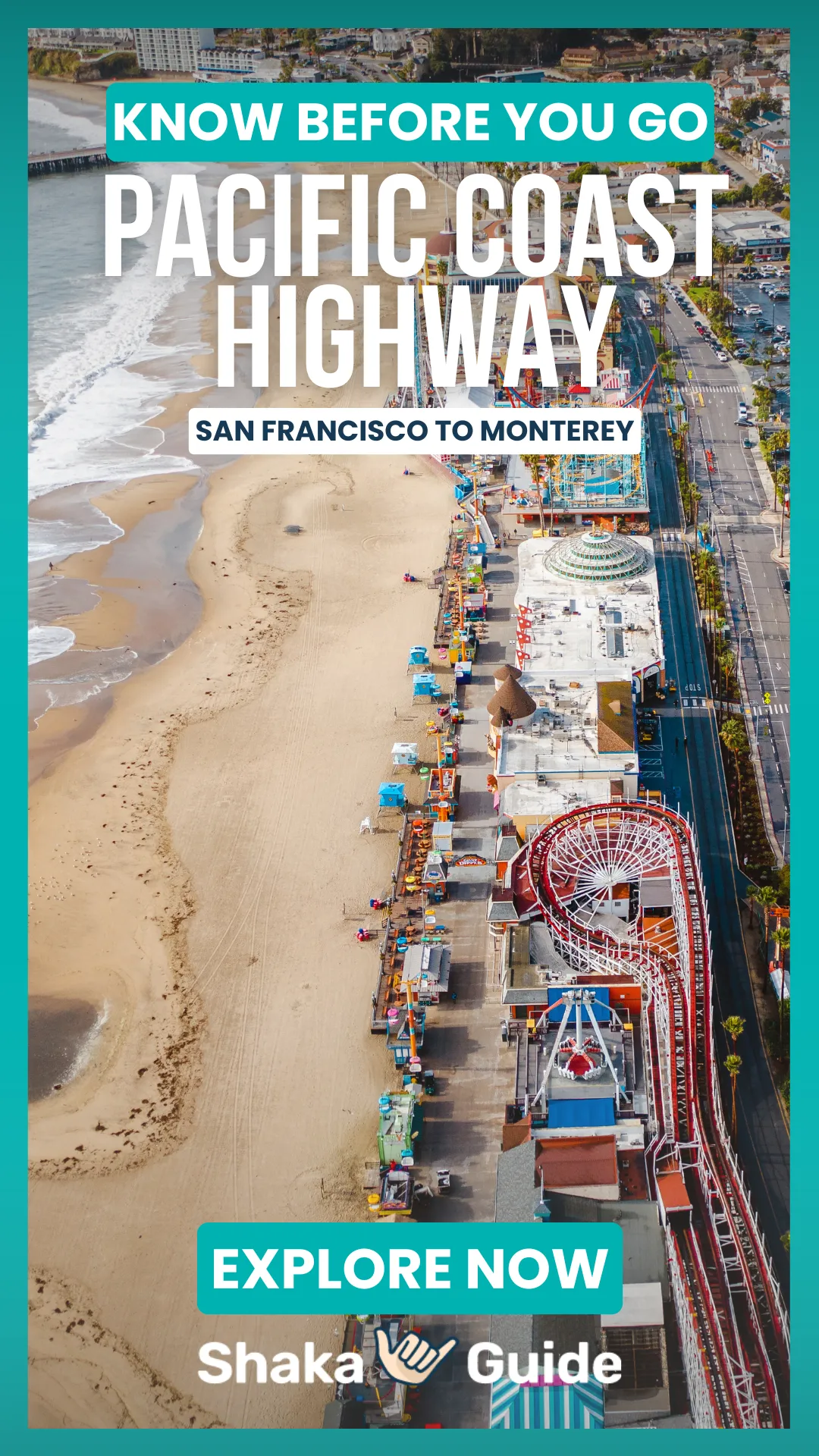 A vertical promotional graphic for a Pacific Coast Highway travel guide. An aerial view looks down on a wide sandy beach and a colorful seaside amusement park with a roller coaster and boardwalk beside the ocean. Large text reads “Know Before You Go: Pacific Coast Highway” with a subtitle “San Francisco to Monterey.” A turquoise “Explore Now” button and the Shaka Guide logo appear near the bottom.