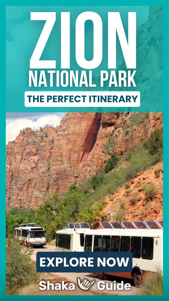 Zion National Park shuttle buses travel along a scenic red rock canyon road lined with greenery.