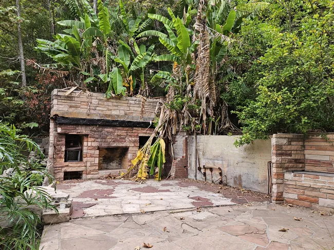 A wide shot of the stone ruins of a house nestled in a lush canyon. The remaining structures include a large, tan-and-red stone fireplace and a paved patio with a jagged stone pattern. Overgrowing the ruins are massive, bright green banana leaves and dense forest foliage, creating a reclaimed-by-nature aesthetic.