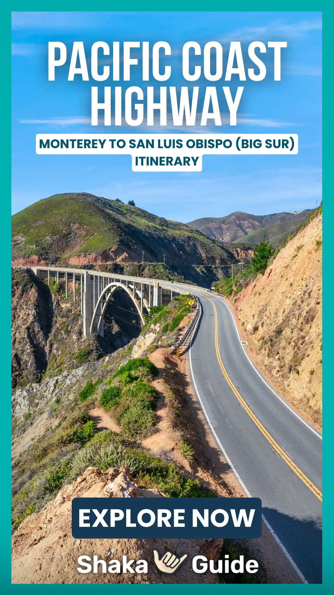 A vertical promotional graphic for a Pacific Coast Highway itinerary. The image features the iconic Bixby Creek Bridge spanning a dramatic coastal canyon in California’s Big Sur region. A winding highway curves along steep hillsides covered in green and tan vegetation, with rugged cliffs dropping toward the ocean below. Large text reads “Pacific Coast Highway” with the subtitle “Monterey to San Luis Obispo (Big Sur)” and a smaller label that says “Itinerary.” A dark blue “Explore Now” button and the Shaka Guide logo appear near the bottom.