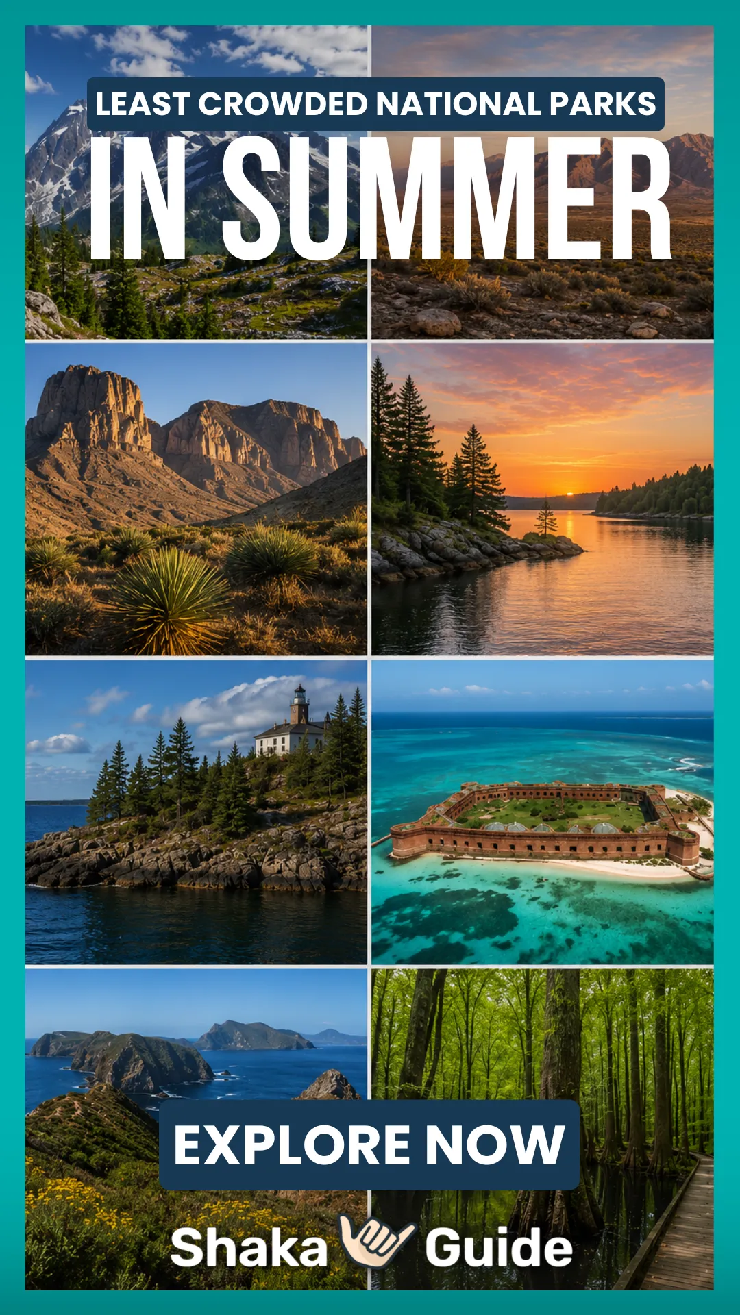 Alt text: Promotional graphic titled “Least Crowded National Parks in Summer,” featuring a collage of national park landscapes including mountains, deserts, forests, islands, and coastal scenery. A prominent “Explore Now” call-to-action button and Shaka Guide logo appear at the bottom.