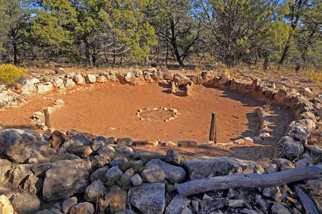 Stone circle and remains of an ancient dwelling at the Tusayan Ruins near the Grand Canyon’s South Rim.