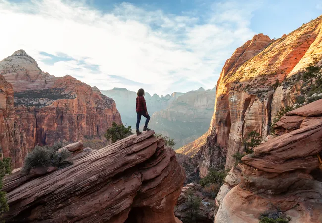 A person stands on a layered red rock ledge overlooking a wide canyon filled with rugged cliffs, distant peaks, and soft morning light.
