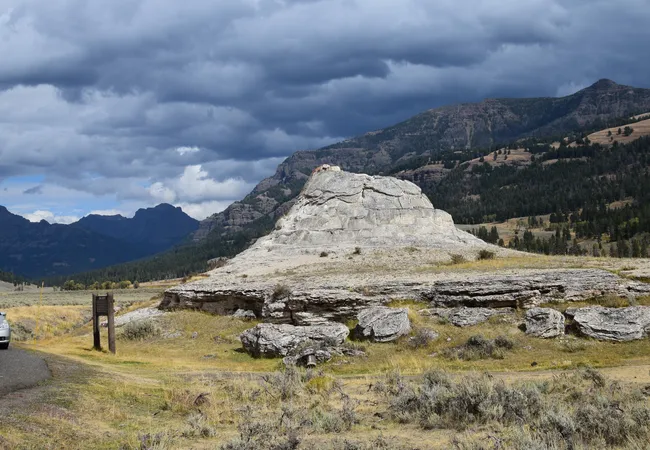 A pale, dome-shaped rock formation rises from a grassy plain with dark, stormy clouds gathering over distant mountains.