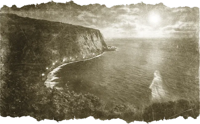 Vintage-style photo of a rugged coastal cliff with a winding shoreline and calm ocean under a glowing sun.