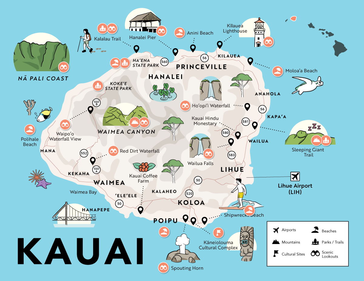 Kauai Map with points of interest