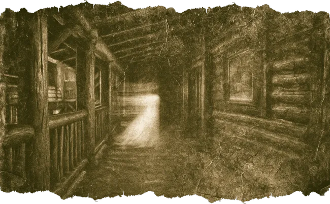 Aged sepia photo of a rustic wooden hallway with dim lighting and a faint ghostly figure in the distance.