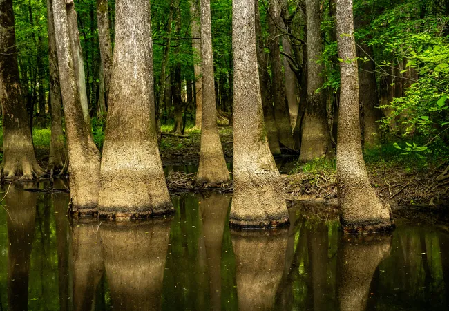 Bald cypress trees reflected in still swamp water inside Congaree National Park’s dense forest.