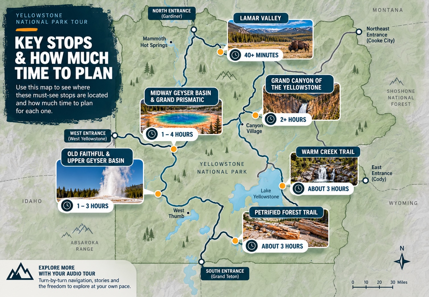 Map outlining key stops and time recommendations for visiting Yellowstone National Park.