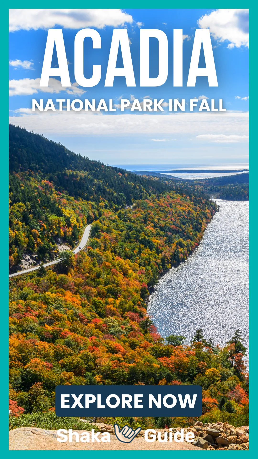Scenic view of Acadia National Park’s fall foliage along a winding coastal road with text promoting Shaka Guide.